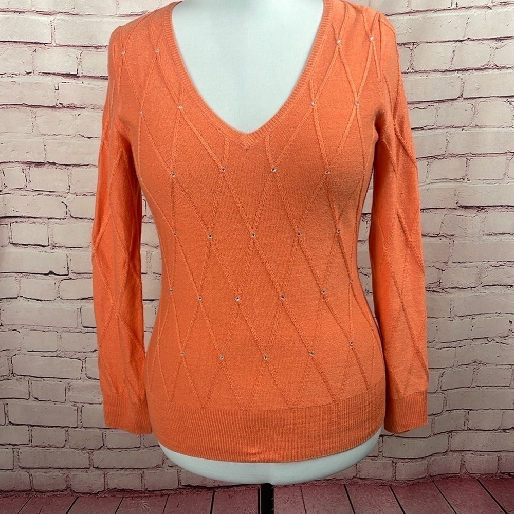 New York & Company Orange V-Neck Sweater with Sparkles - Size Medium